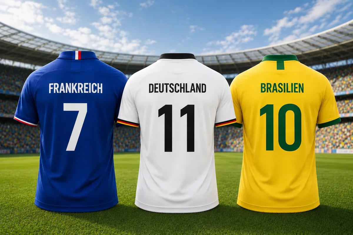 Frankreich Trikot Nummer 7, Deutschland Trikot Nummer 11 und Brasilien Trikot Nummer 10 bei der FIFA WM 2026
